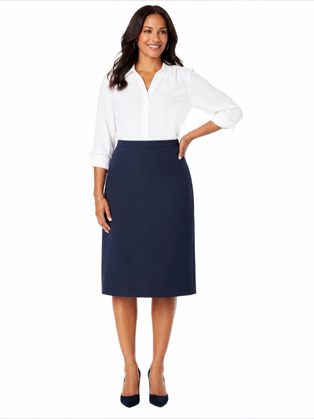 JESSICA LONDON Navy Blue Lined Career Straight Midi Skirt Plus Size 16